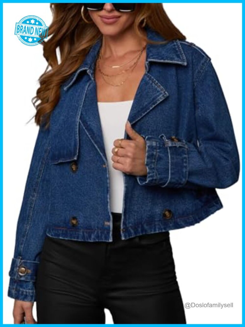 Cropped Double Breasted Denim Trench Coat Notched Collar Belted Cuffs
